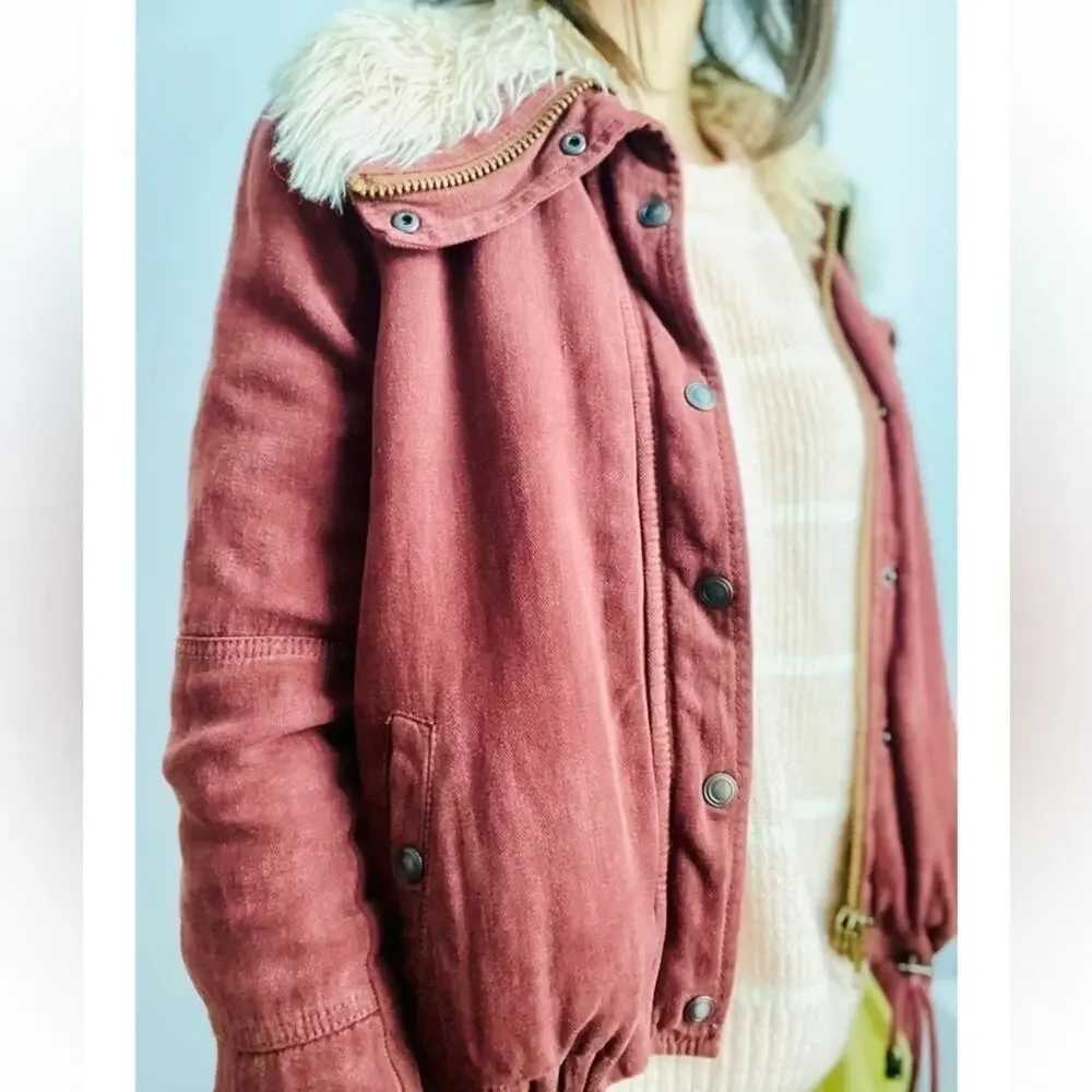 Free People Women's Shearling Shag Style Linen Bomber Jacket Size XS Maroon